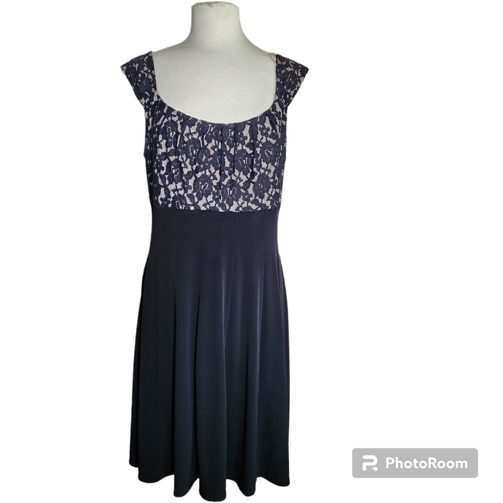 London Times Lace A-Line Cocktail Sleeveless Dress Lined Black Tan Size 16 EUC